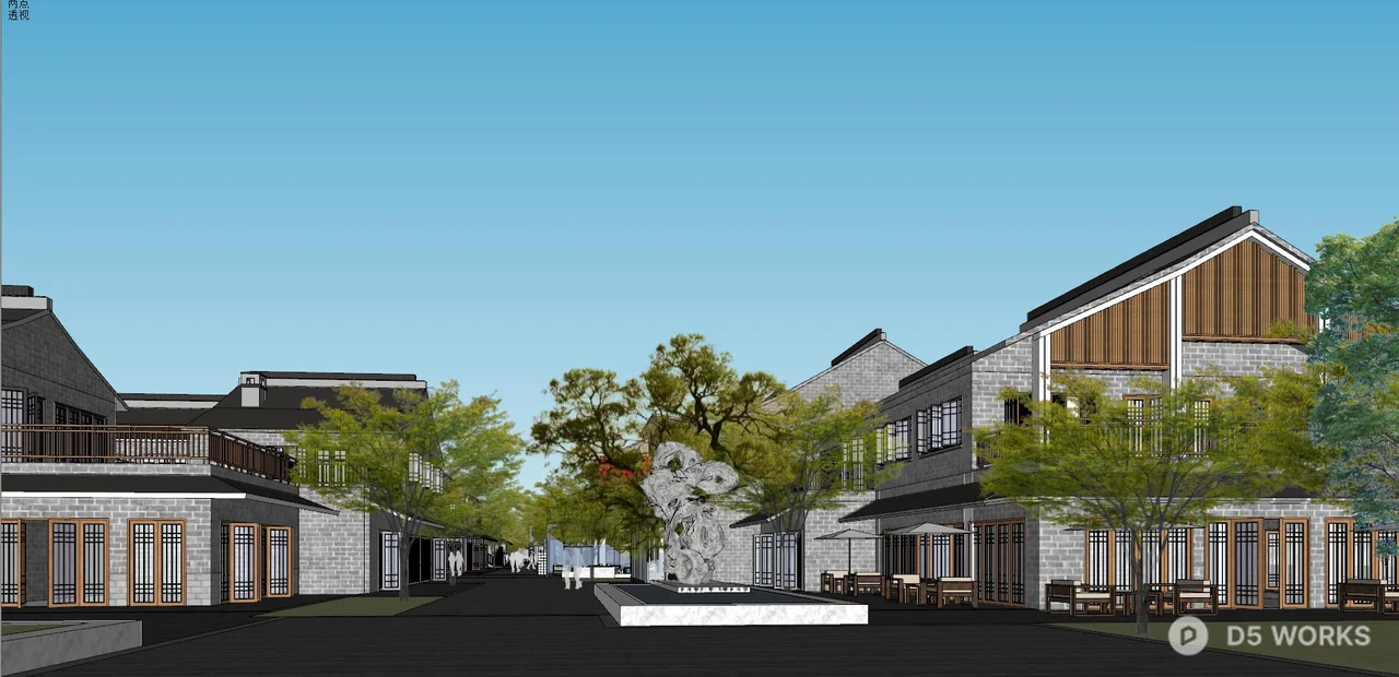 Modern Commercial Pedestrian Street With Greenery And Tiered Architecture 3d model thumbnail 3