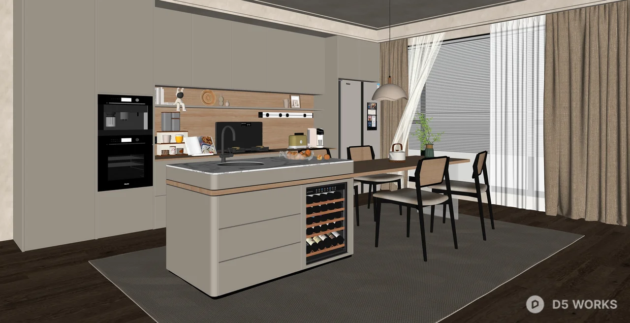 Modern Minimalist Kitchen Island and Dining Set 3d model thumbnail 2