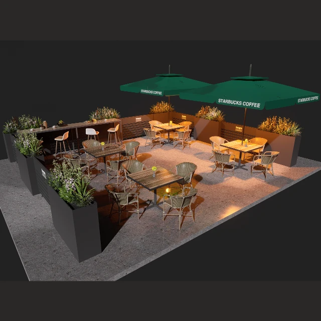 Modern Outdoor Cafe Patio Set with Green Umbrellas 3d model