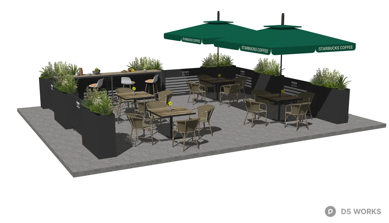 Modern Outdoor Cafe Patio Set with Green Umbrellas 3d model thumbnail 2