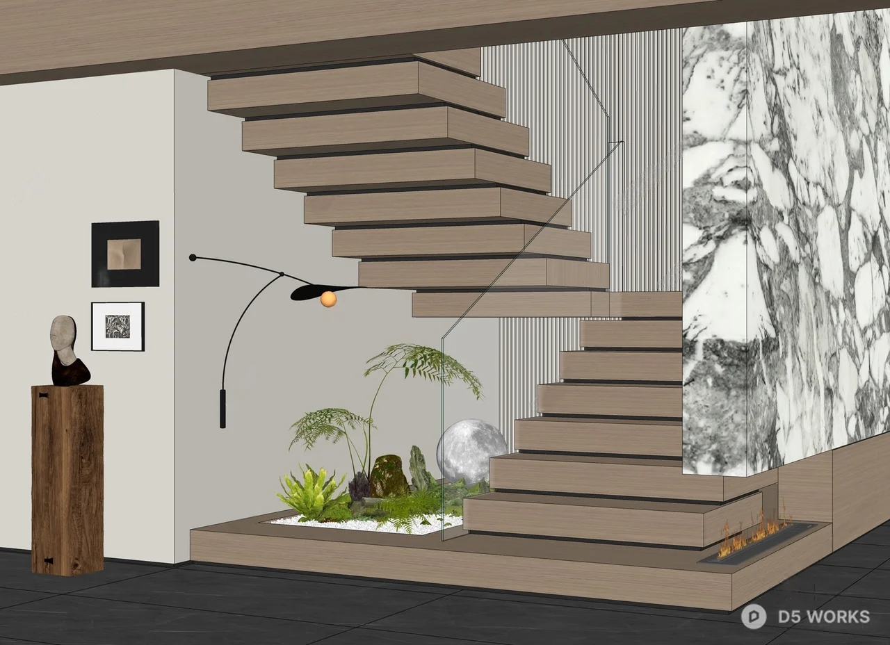 Modern Minimalist Staircase With Indoor Landscape 3d model thumbnail 2