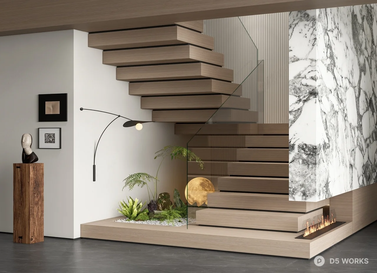Modern Minimalist Staircase With Indoor Landscape 3d model - Image 1