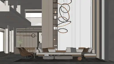 Modern Villa Living Room with Sculptural Chandelier 3d model