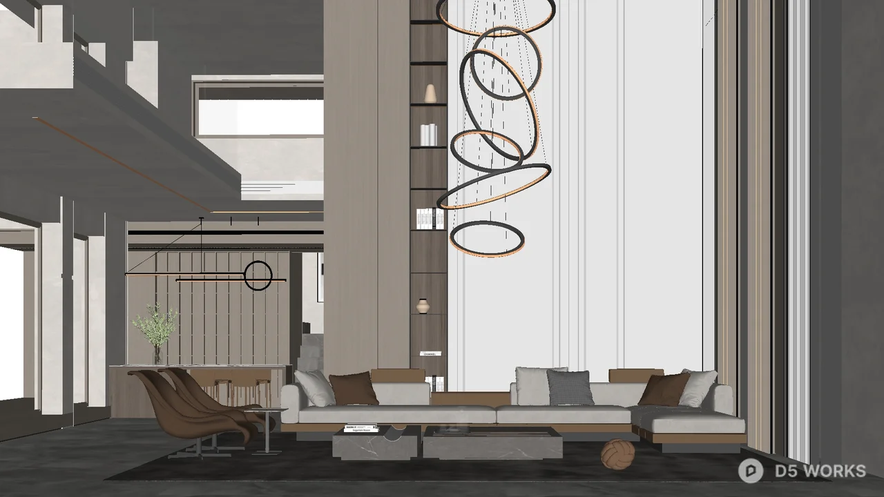 Modern Villa Living Room with Sculptural Chandelier 3d model thumbnail 2