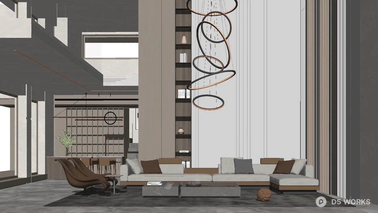 Modern Villa Living Room with Sculptural Chandelier 3d model thumbnail 3