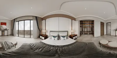 Modern Luxury Bedroom with Curved Ceiling and Balcony View 3d model