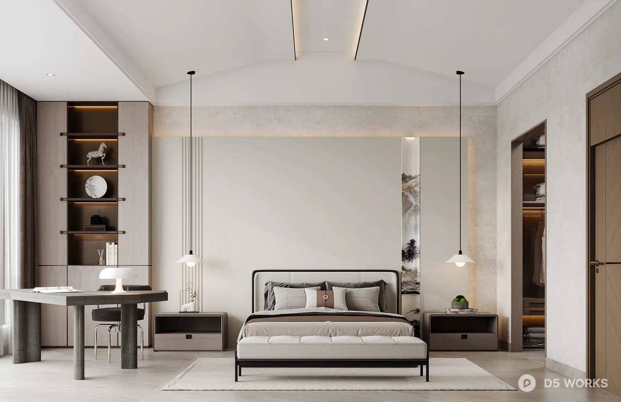 Modern Luxury Bedroom with Curved Ceiling and Balcony View 3d model thumbnail 3