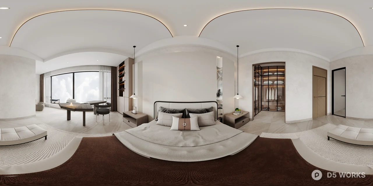 Modern Luxury Bedroom with Curved Ceiling and Balcony View 3d model thumbnail 2
