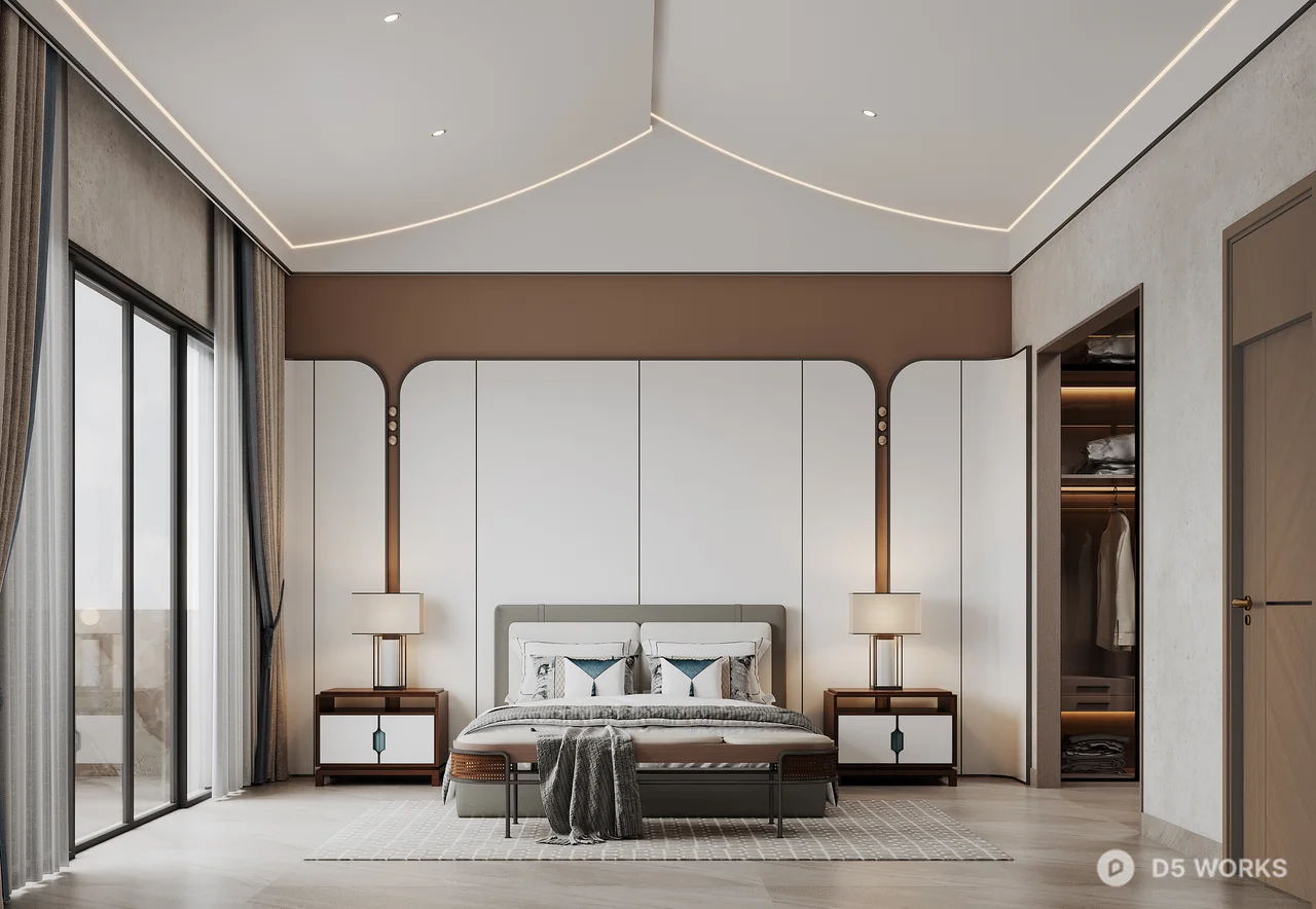 Modern Luxury Bedroom with Curved Ceiling and Balcony View 3d model thumbnail 4