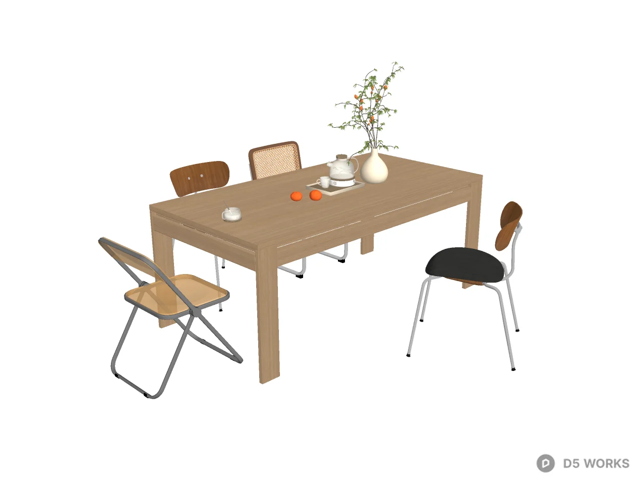 Modern Oak Dining Table with Eclectic Chair Set 3d model thumbnail 2