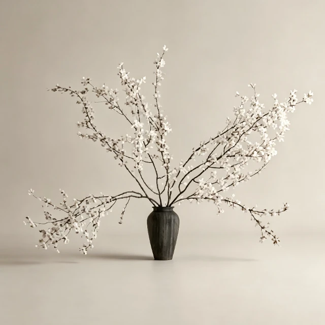 Minimalist Cherry Blossom Branches in Ceramic Vase 3d model