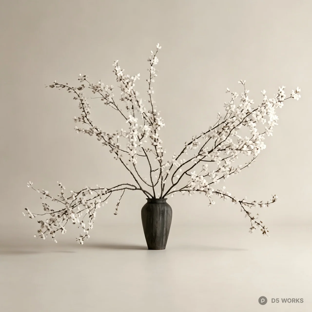 Minimalist Cherry Blossom Branches in Ceramic Vase 3d model - Image 1