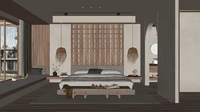 Modern Minimalist Bedroom with Wooden Partition 3d model