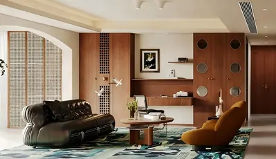 Modern Retro Living Room With Custom Wood Cabinetry 3d model