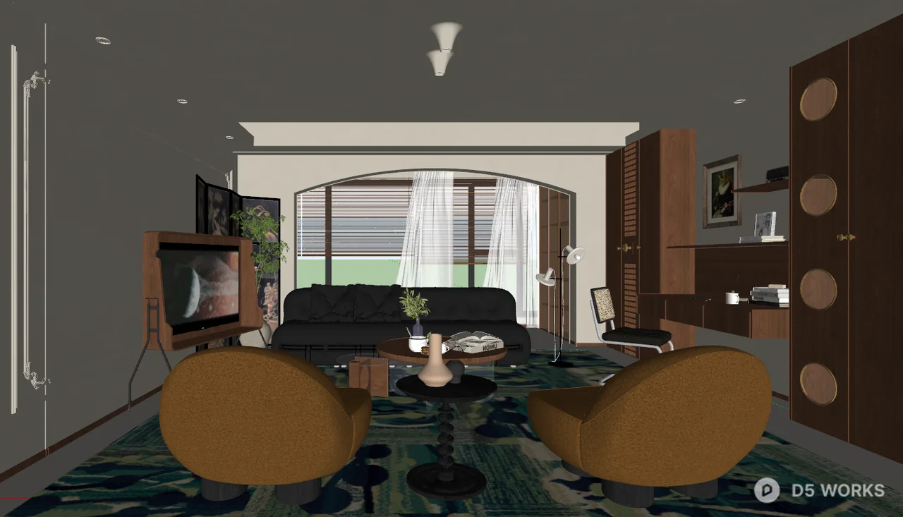Modern Retro Living Room With Custom Wood Cabinetry 3d model thumbnail 4