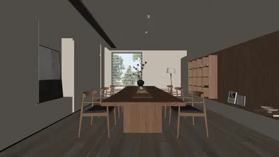 Minimalist Dining Room with Wooden Table and Dark Walls 3d model