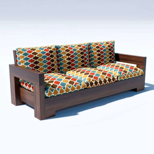 Rustic Wooden Sofa with Geometric Pattern Cushions 3d model
