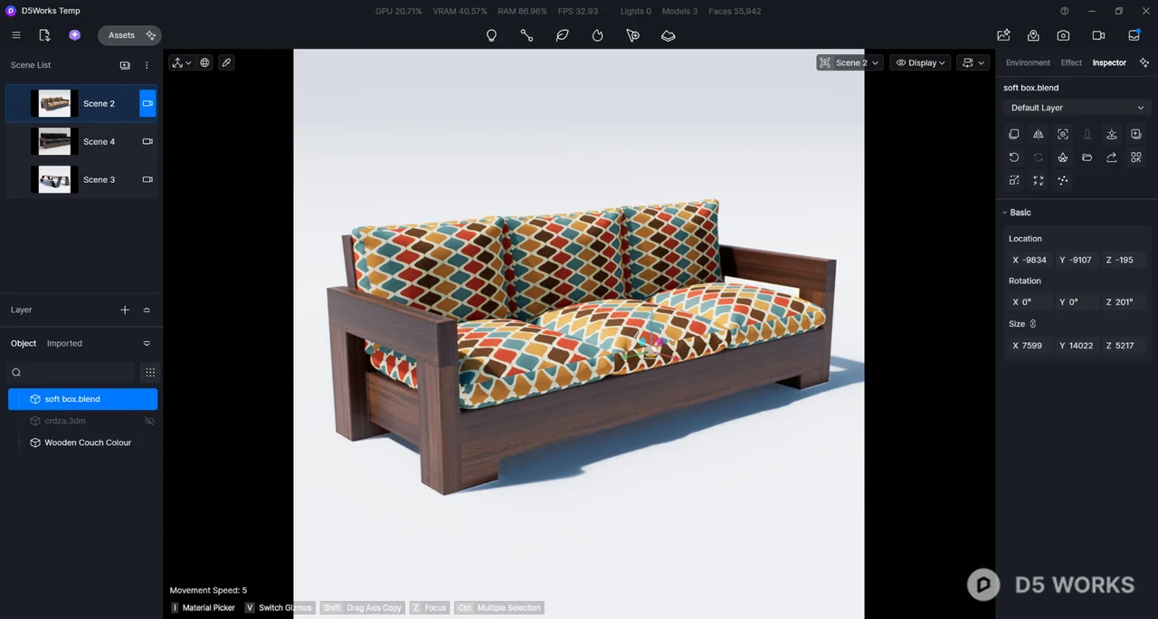 Rustic Wooden Sofa with Geometric Pattern Cushions 3d model thumbnail 2