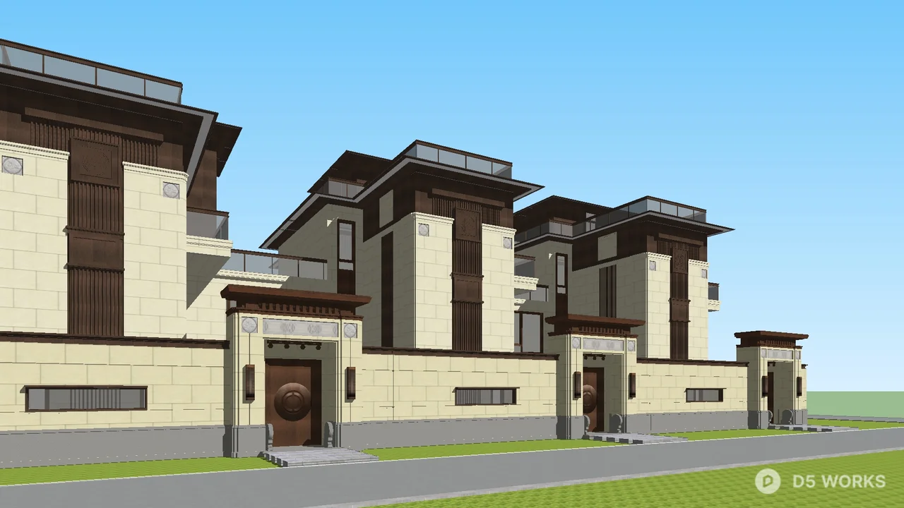 Modern Linked Villa Exterior 3d model thumbnail 2