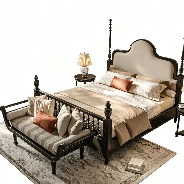Classic Four Poster Bedroom Set with Bed Footstool 3d model