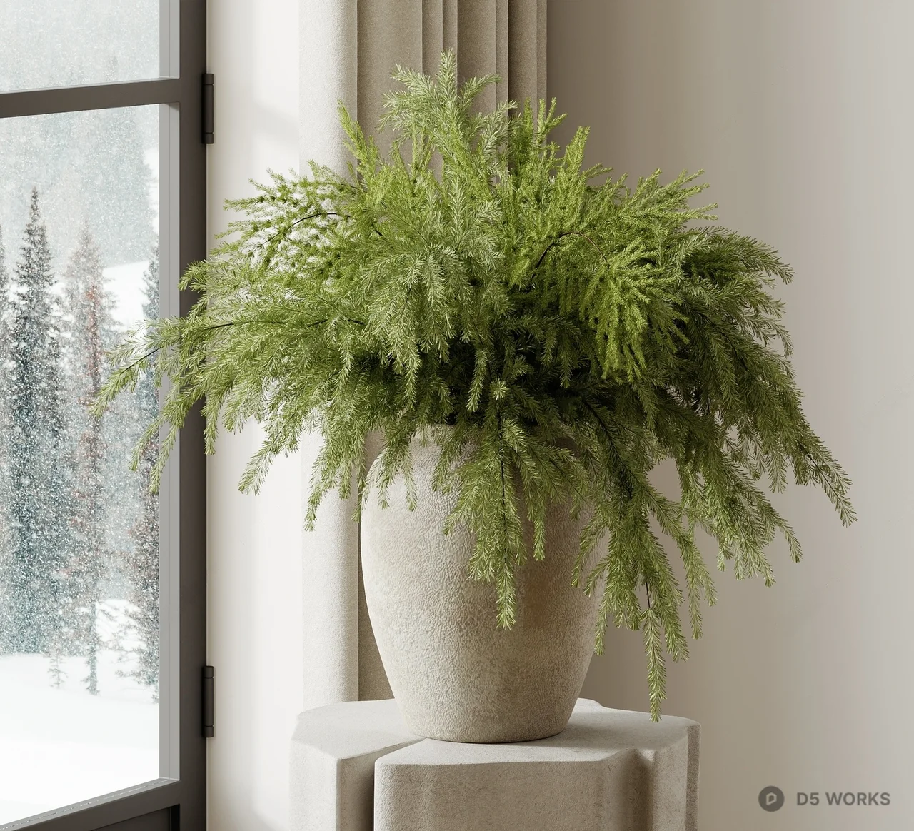 Textured Ceramic Planter With Cascading Greenery 3d model - Image 1