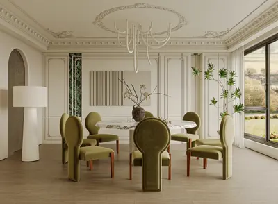 Elegant Dining Room with Ornate Ceiling and Green Chairs 3d model