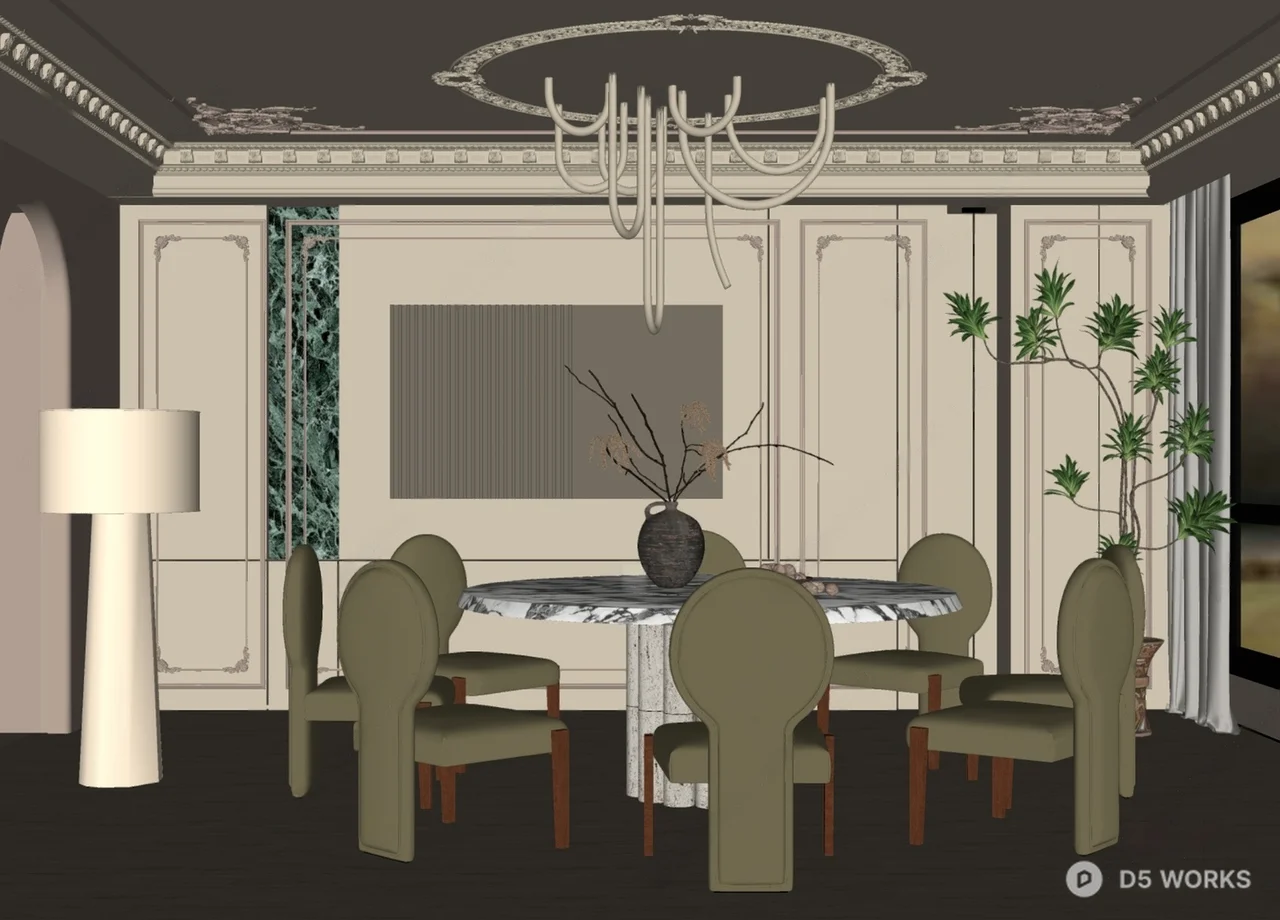Elegant Dining Room with Ornate Ceiling and Green Chairs 3d model thumbnail 2