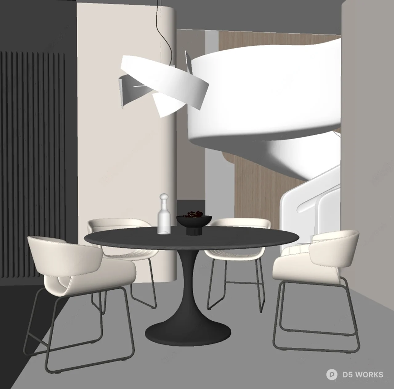 Minimalist Dining Room with Sculptural Pendant Light 3d model thumbnail 2