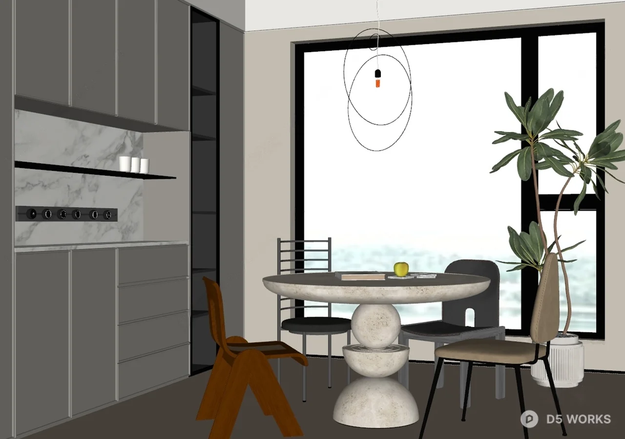 Minimalist Dining Room With Marble Table And Sculptural Pendant Light 3d model thumbnail 2