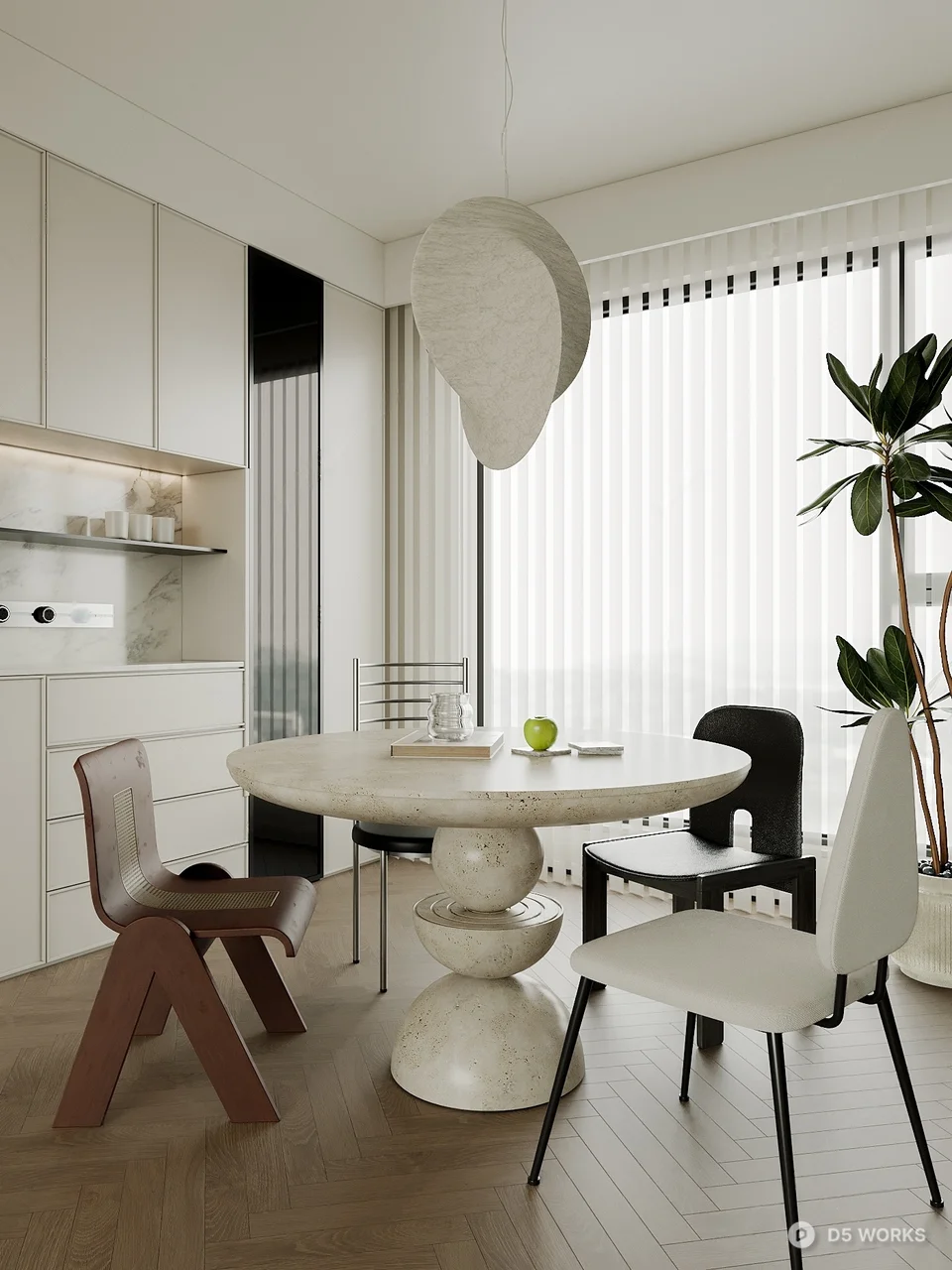Minimalist Dining Room With Marble Table And Sculptural Pendant Light 3d model - Image 1