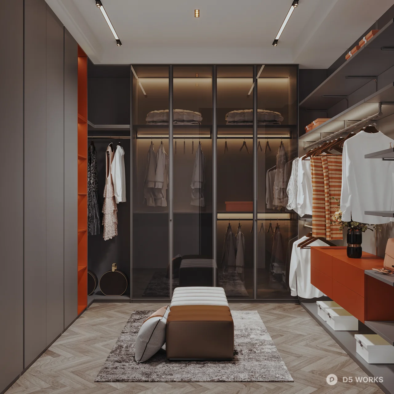 Modern Minimalist Walk-in Closet With Open Storage And Floral Accent 3d model thumbnail 2