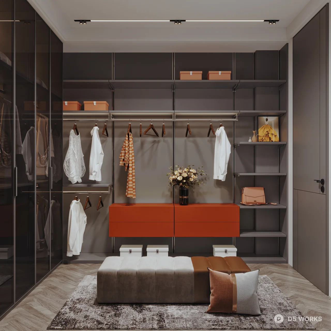 Modern Minimalist Walk-in Closet With Open Storage And Floral Accent 3d model - Image 1