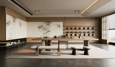 Minimalist Tea Room with Bamboo Wall Art 3d model