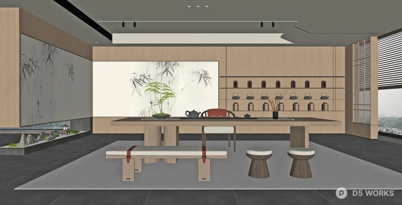 Minimalist Tea Room with Bamboo Wall Art 3d model thumbnail 2