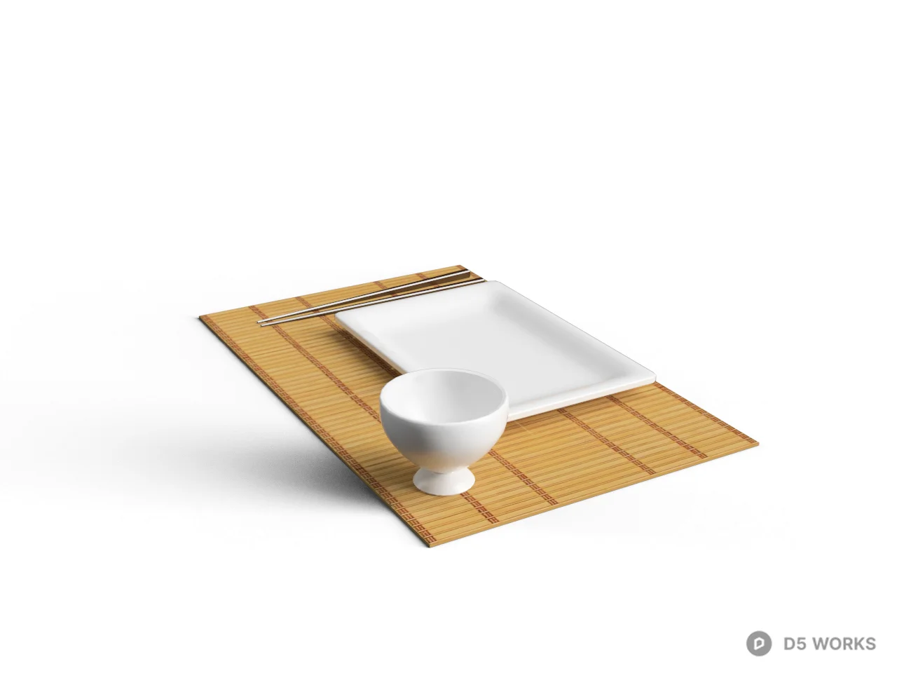 Minimalist Ceramic Bowl And Square Plate On Bamboo Mat 3d model - Image 1