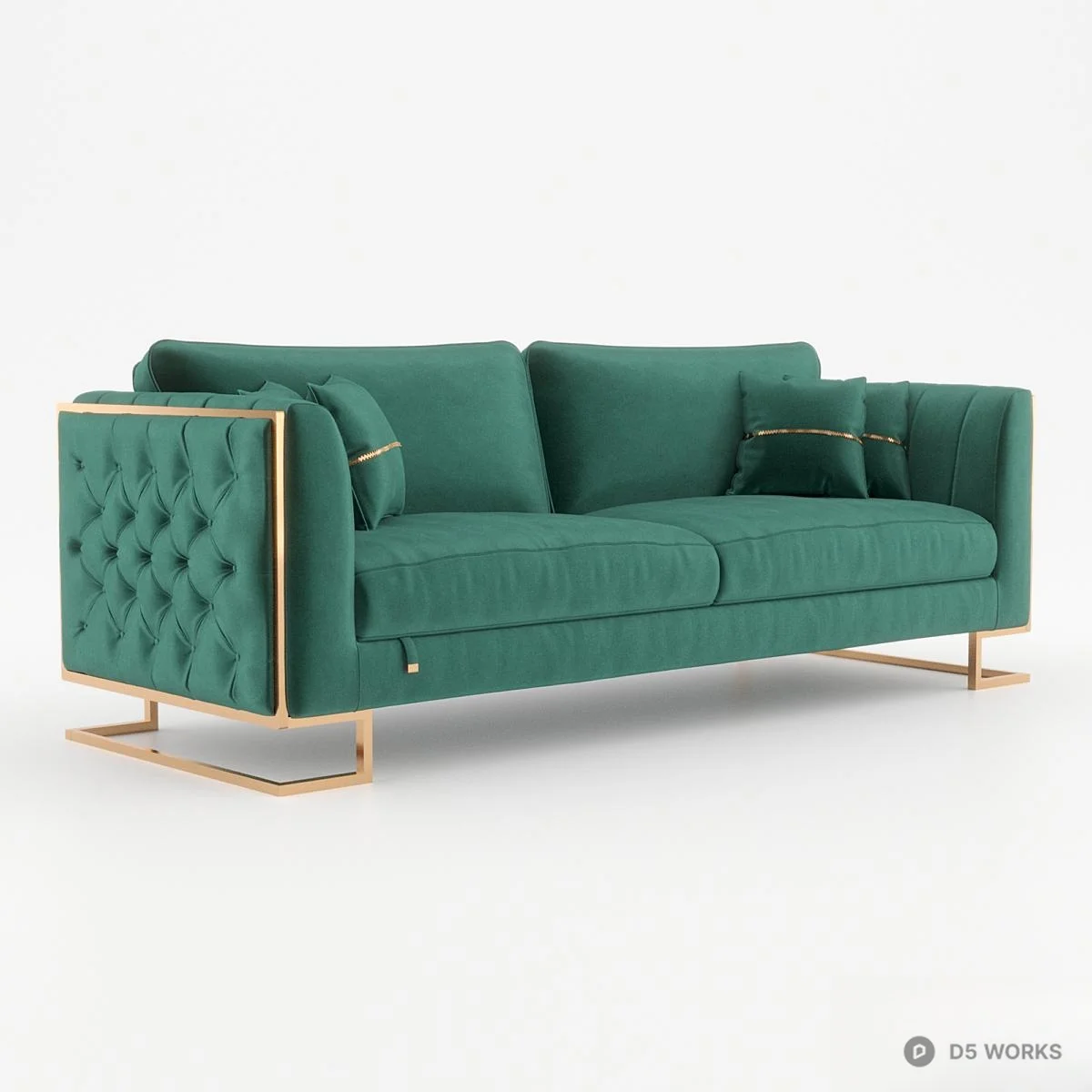 Tufted Emerald Green Velvet Sofa With Brass Frame 3d model - Image 1