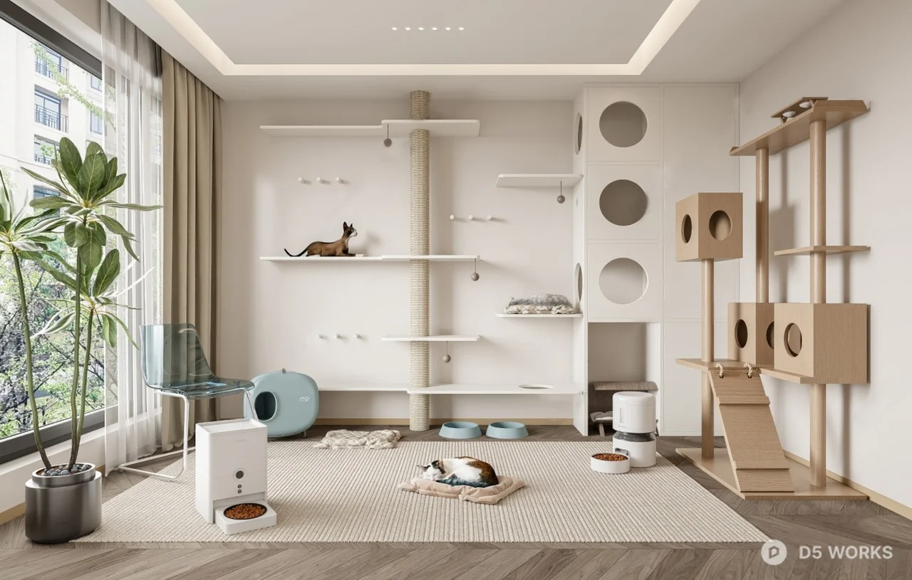 Minimalist Cat-Friendly Living Balcony Space 3d model - Image 1