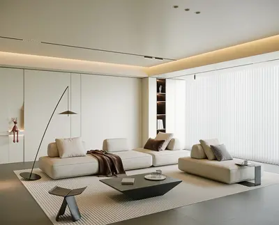 Minimalist Living Room With Integrated Storage And Linear Lighting 3d model