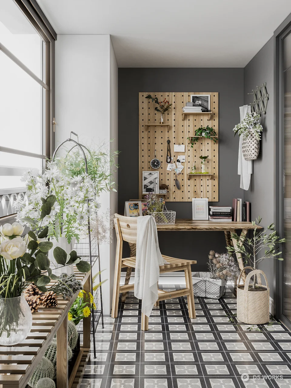 Minimalist Home Balcony With Pegboard Wall And Greenery 3d model - Image 1