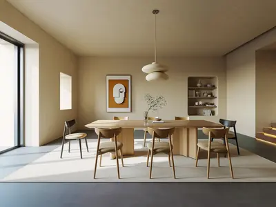 Minimalist Dining Room with Wooden Table and Pendant Light 3d model