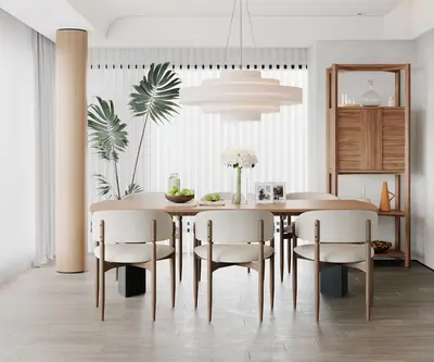 Minimalist Dining Room With Wooden Table And Pendant Light 3d model