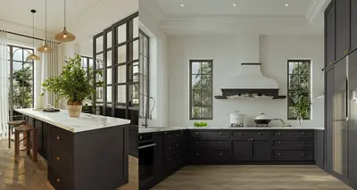 Modern Open Kitchen With Black Cabinetry And Island 3d model