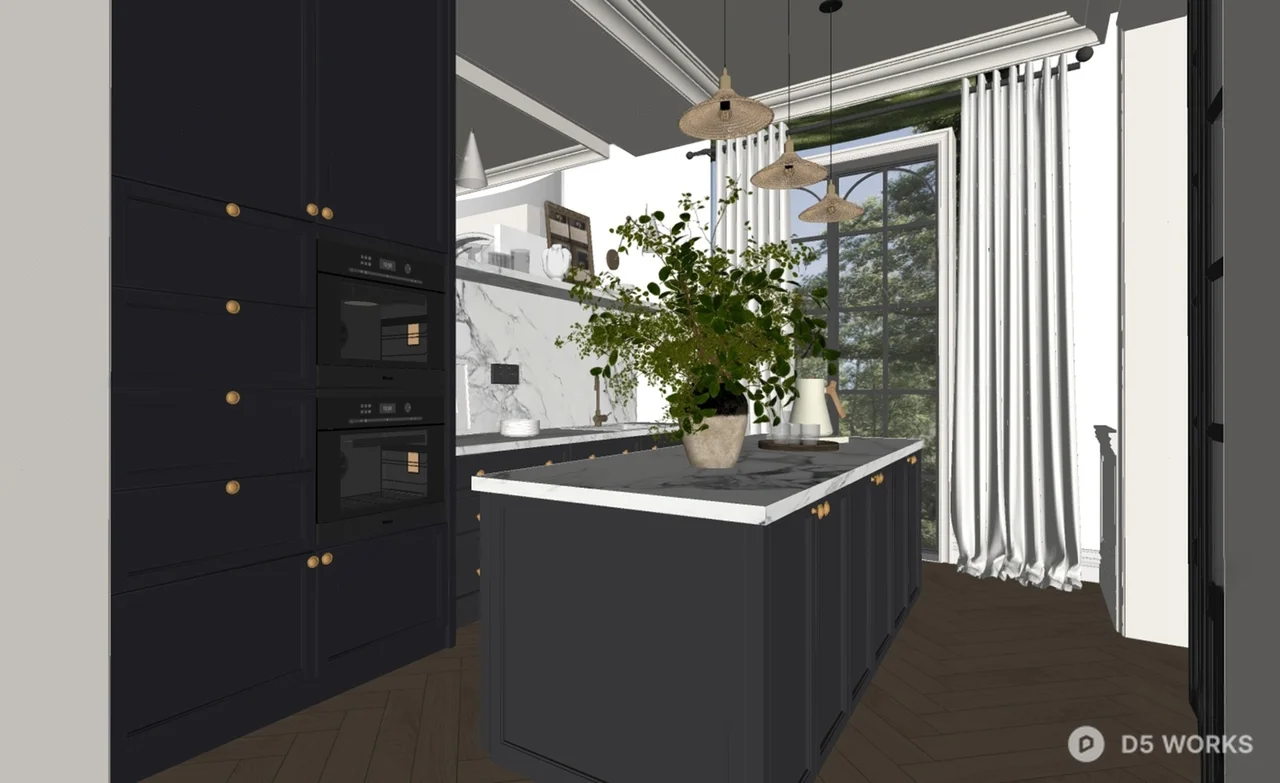 Modern Open Kitchen With Black Cabinetry And Island 3d model thumbnail 2