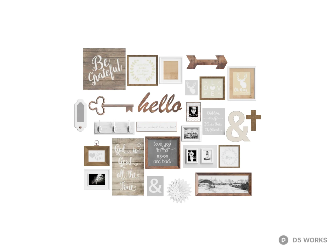 Rustic Wall Art Collage With Wooden Frames And Typography 3d model thumbnail 2