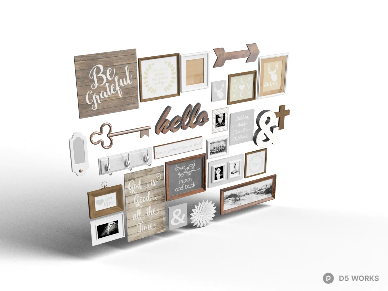 Rustic Wall Art Collage With Wooden Frames And Typography 3d model - Image 1