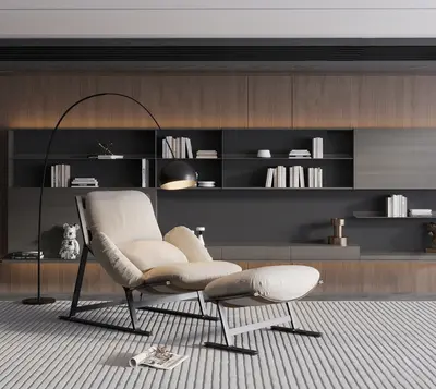 Minimalist Living Room with Lounge Chair and Bookshelf 3d model