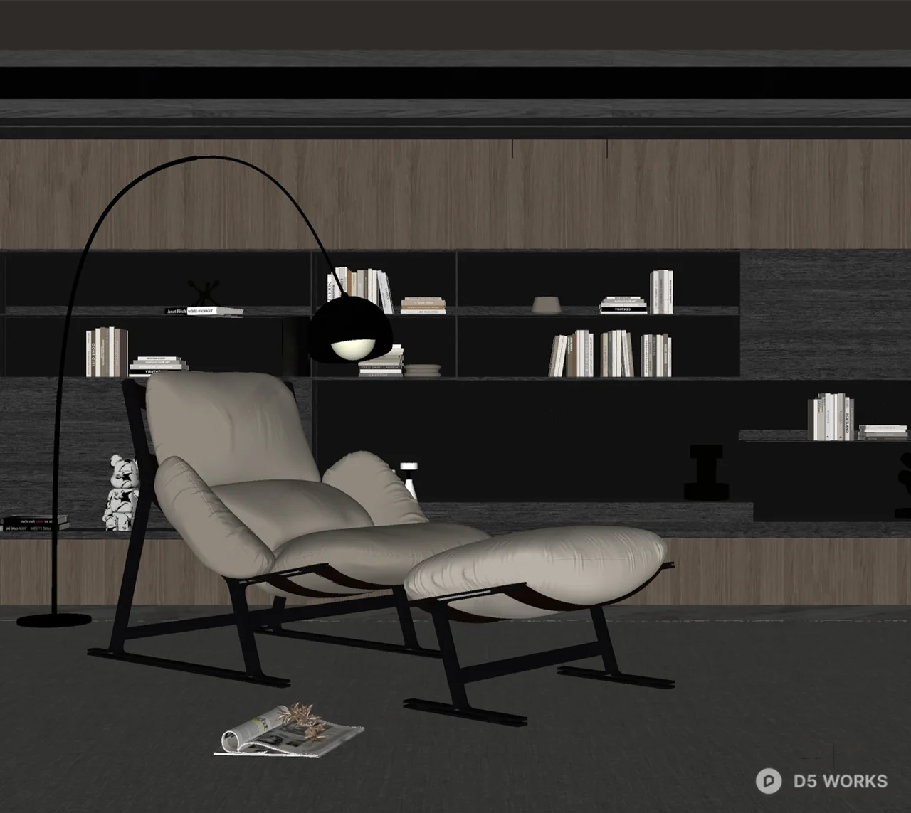Minimalist Living Room with Lounge Chair and Bookshelf 3d model thumbnail 2