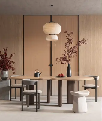 Minimalist Dining Room with Wooden Table and Pendant Light 3d model