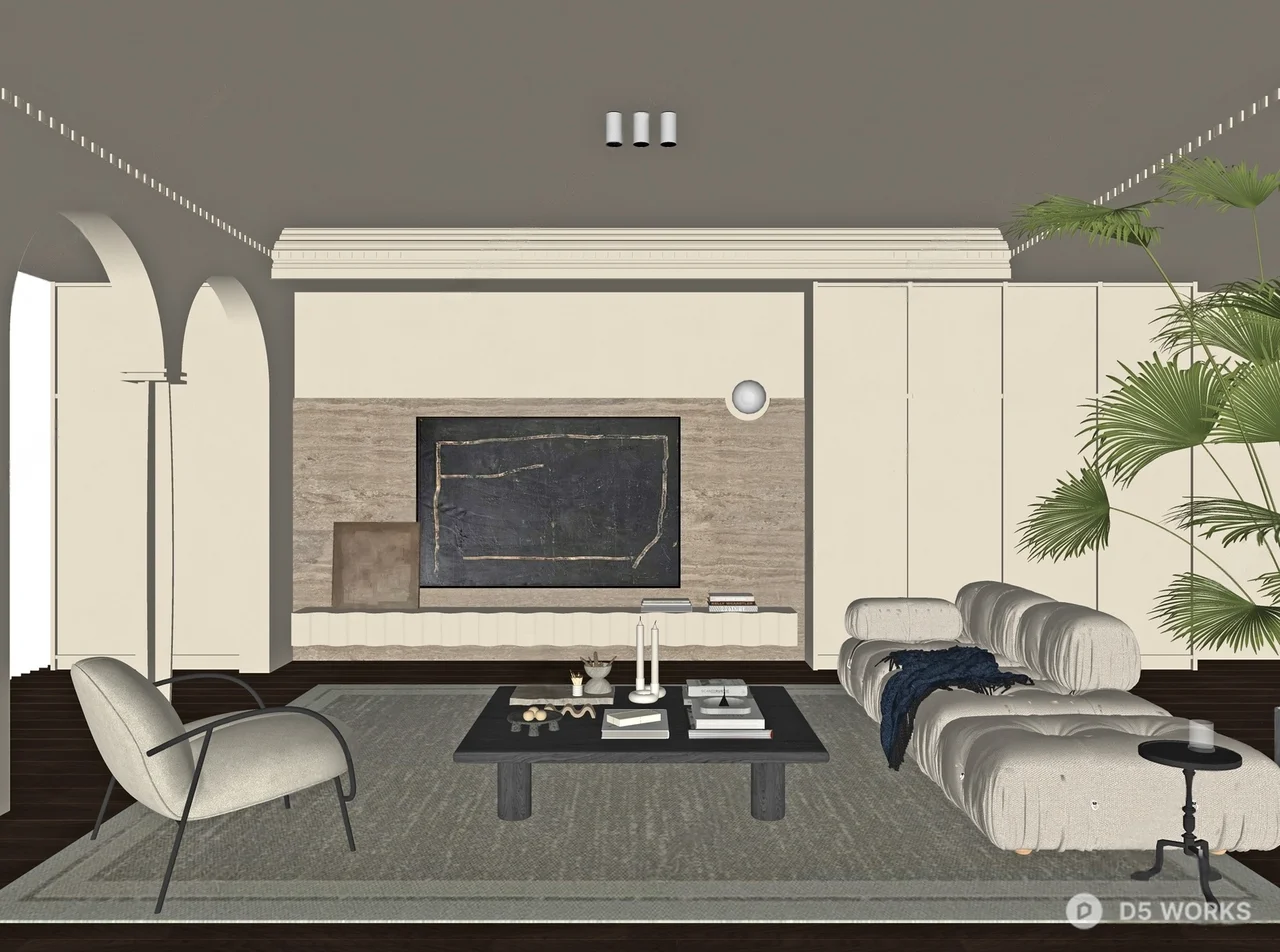 Minimalist Living Room with Arched Windows 3d model thumbnail 2