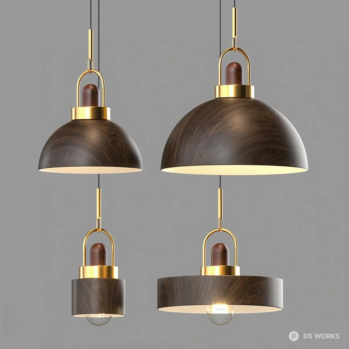 Wooden Dome Pendant Light With Brass Hardware 3d model - Image 1